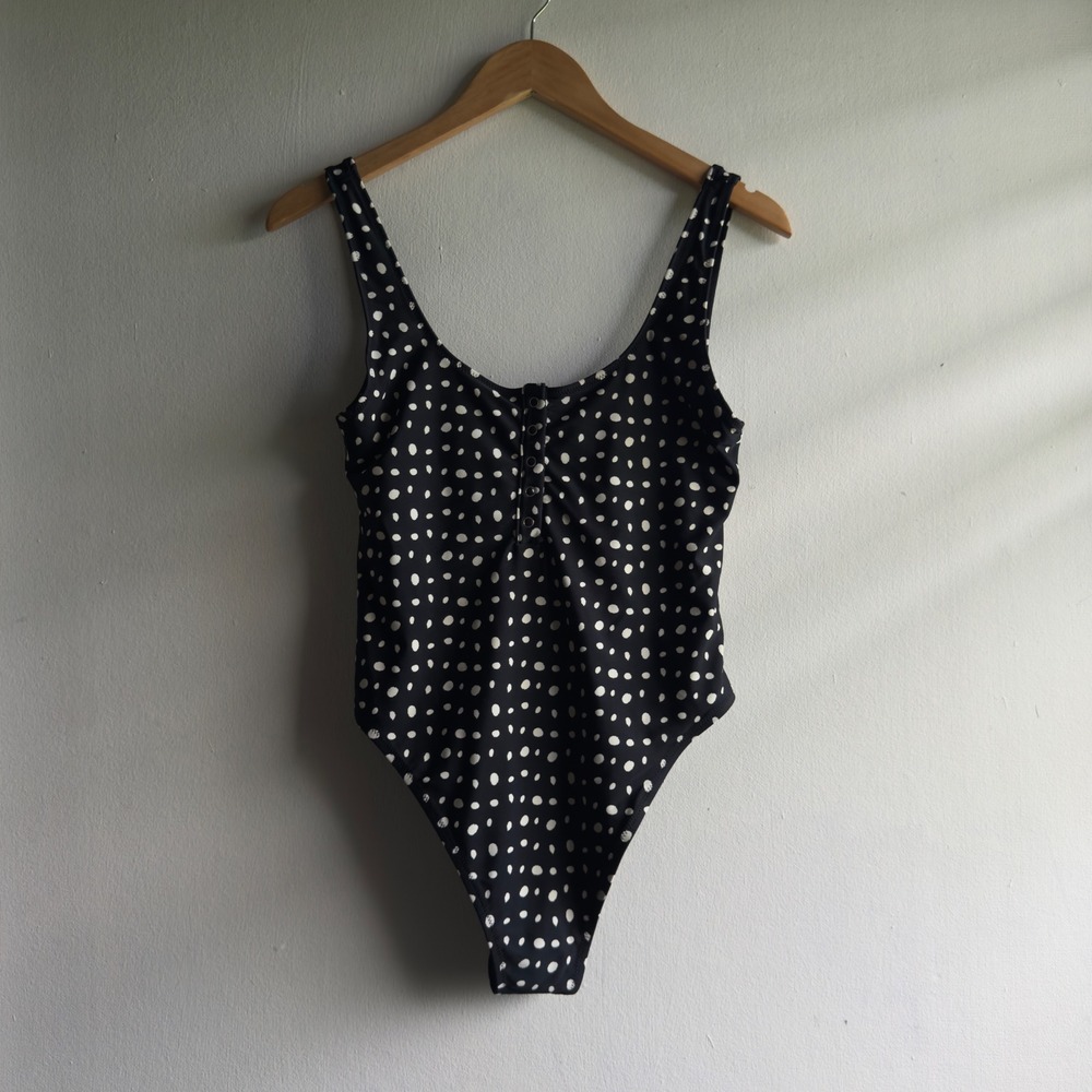 Aerie Polka Dot Henley One Piece Swimsuit Women L Black White High Cut Boho